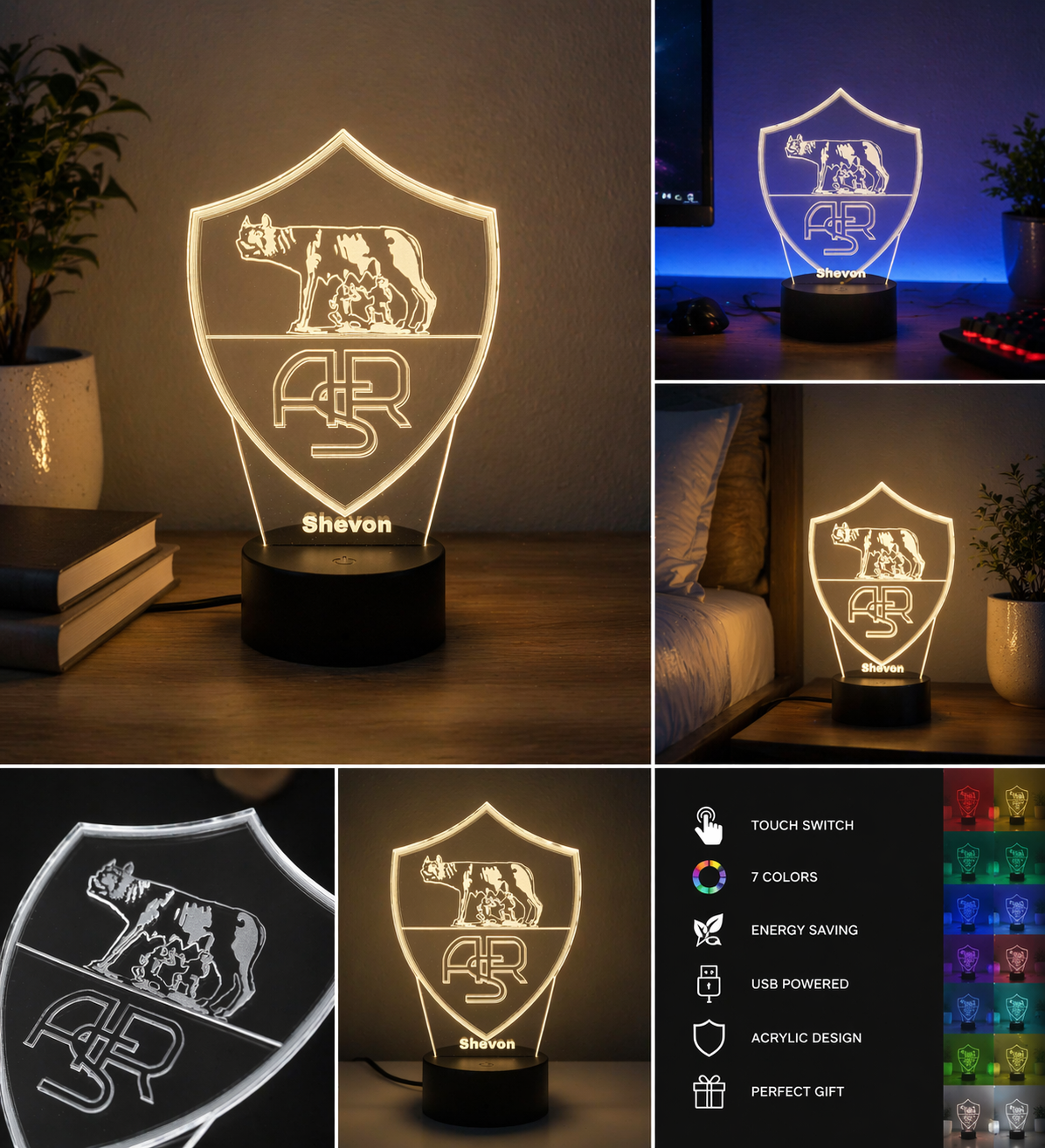 Personalised AS Roma FC 3D LED Night Light - 2025 Edition