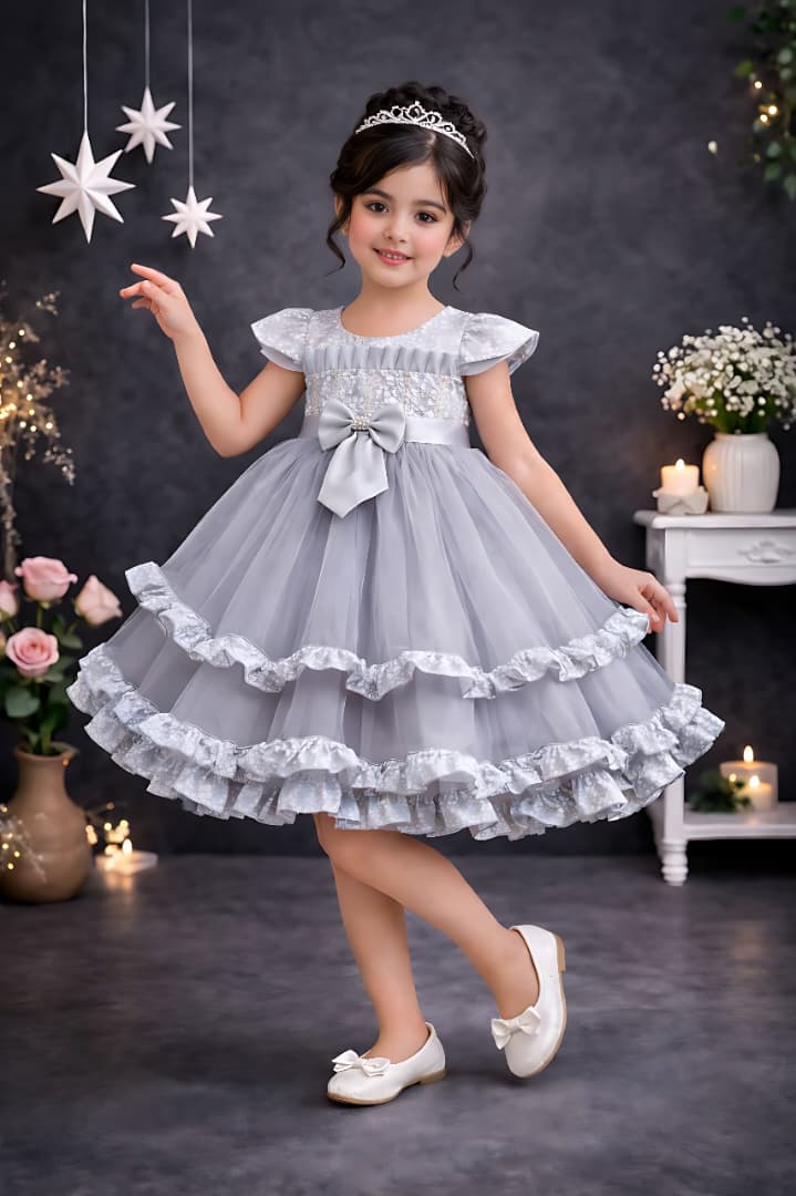فستان سهرة بناتي تول رمادي