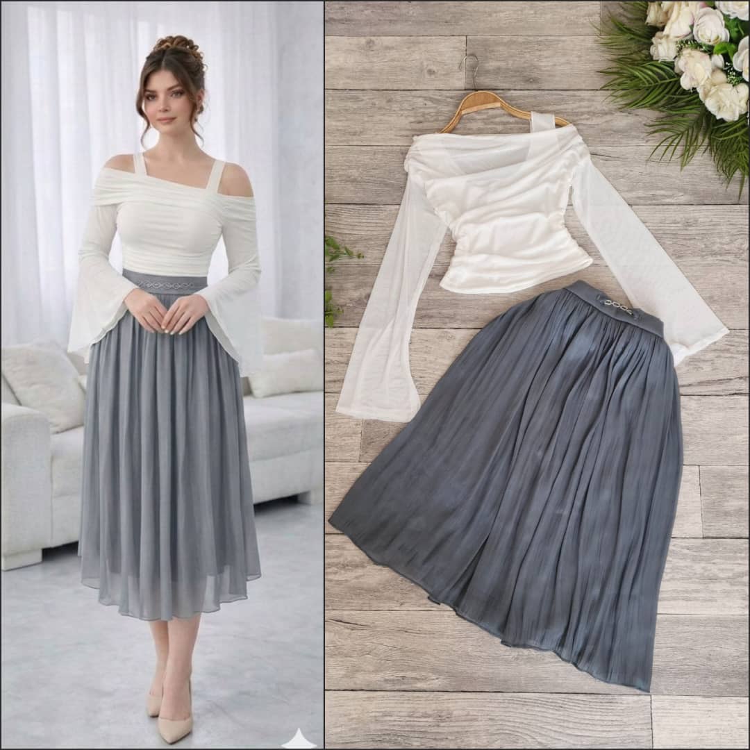 طقم نسائي تنورة مع بلوزة بيضاء