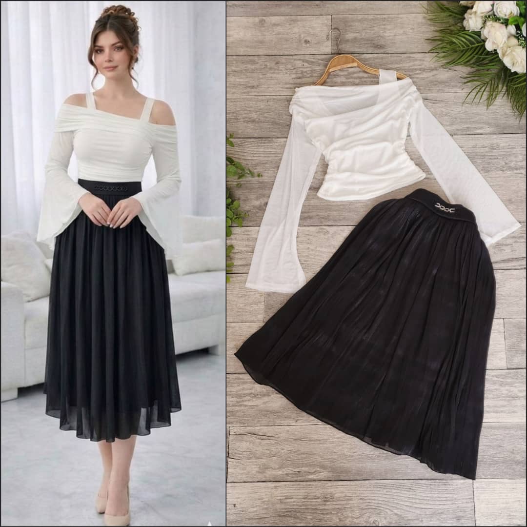 طقم نسائي تنورة مع بلوزة بيضاء