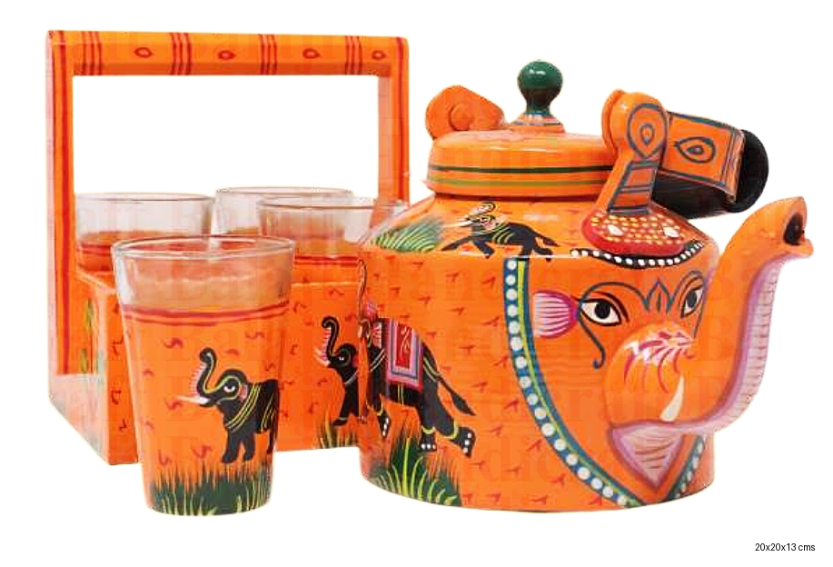 Hand-Painted Wooden Stand and Aluminum Kettle