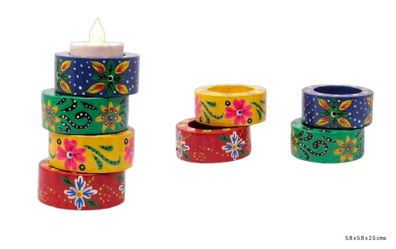 Hand-Painted Wooden Candle Holders set of 4