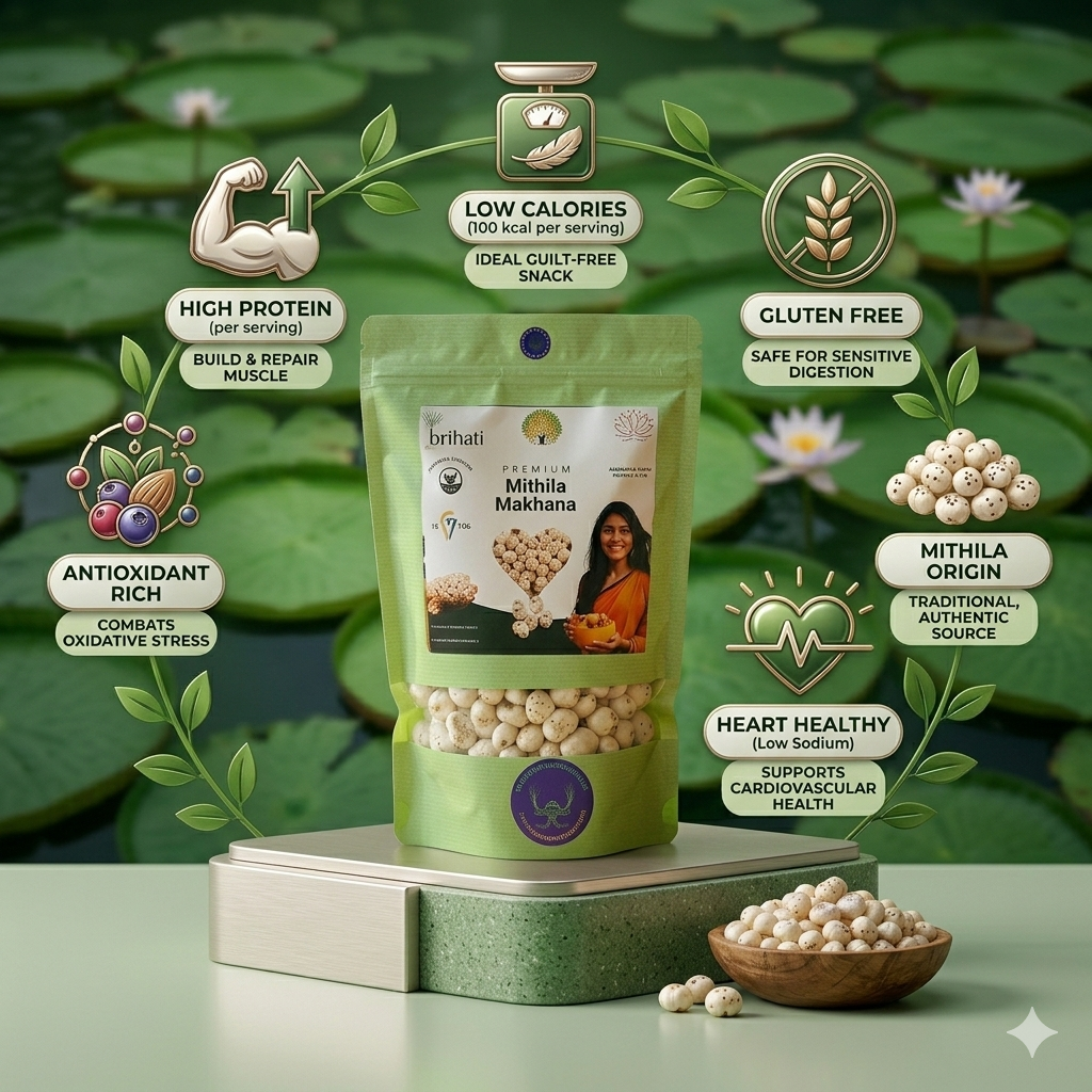 GI Certified Mithila Makhana (Fox Nuts) – Premium Handpicked Raw Lotus Seeds | Superfood | Brihati Natural Foods