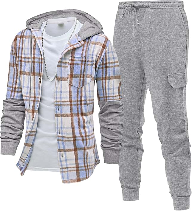 Men's Casual Plaid Hoodie Set