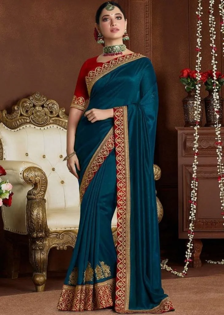 Embroidered Teal Blue Saree