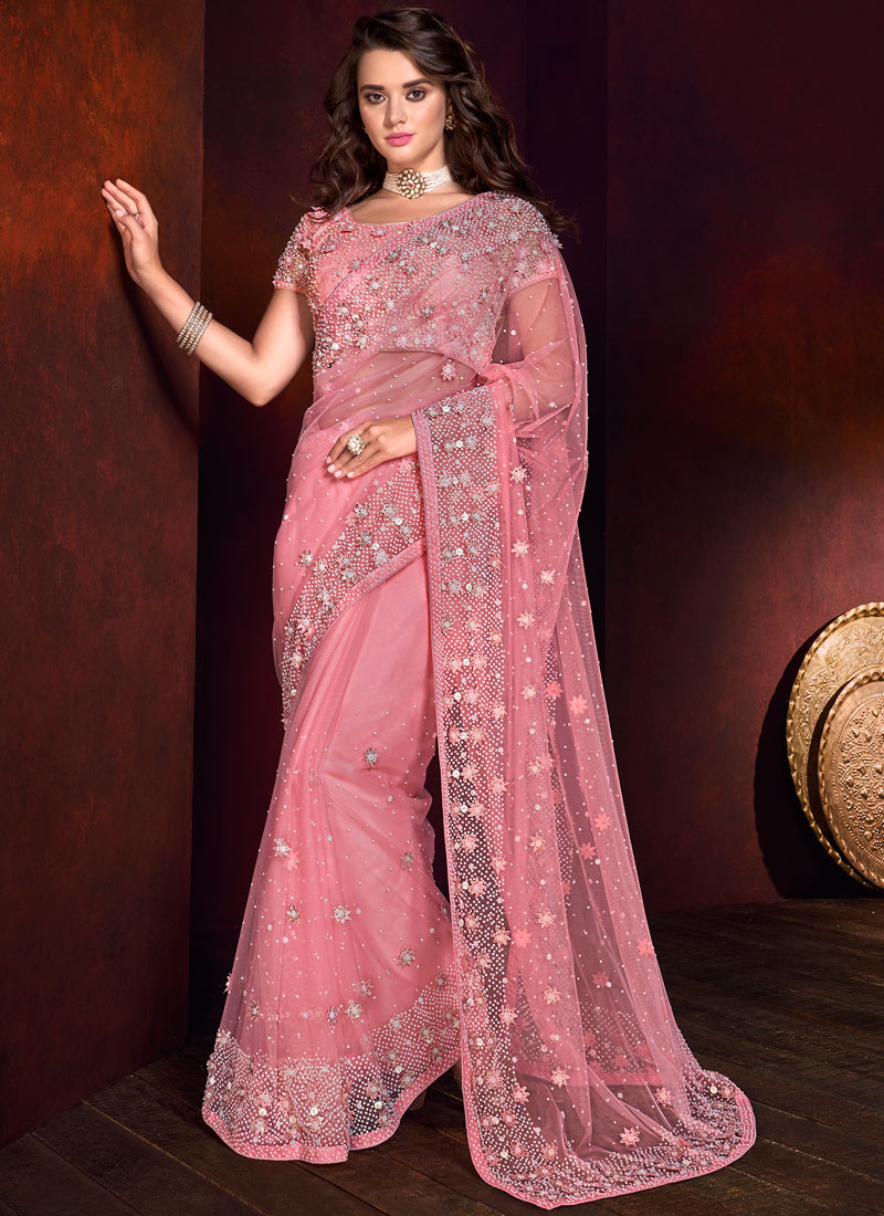 Elegant Pink Embroidered Saree