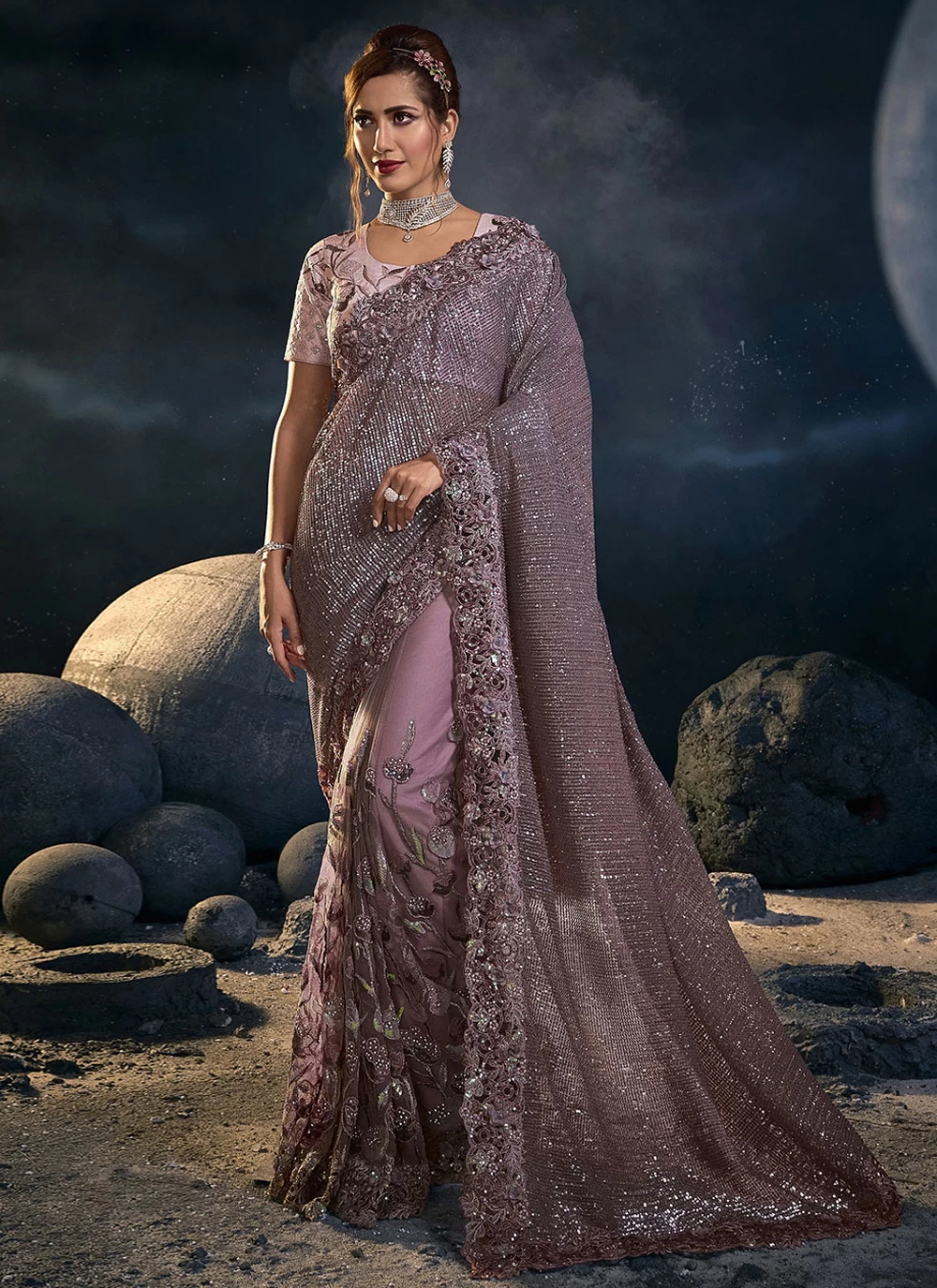 Embellished Mauve Designer Saree