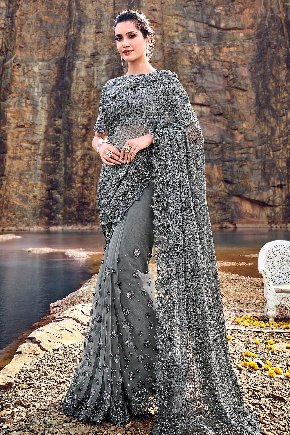 Elegant Grey Embroidered Saree