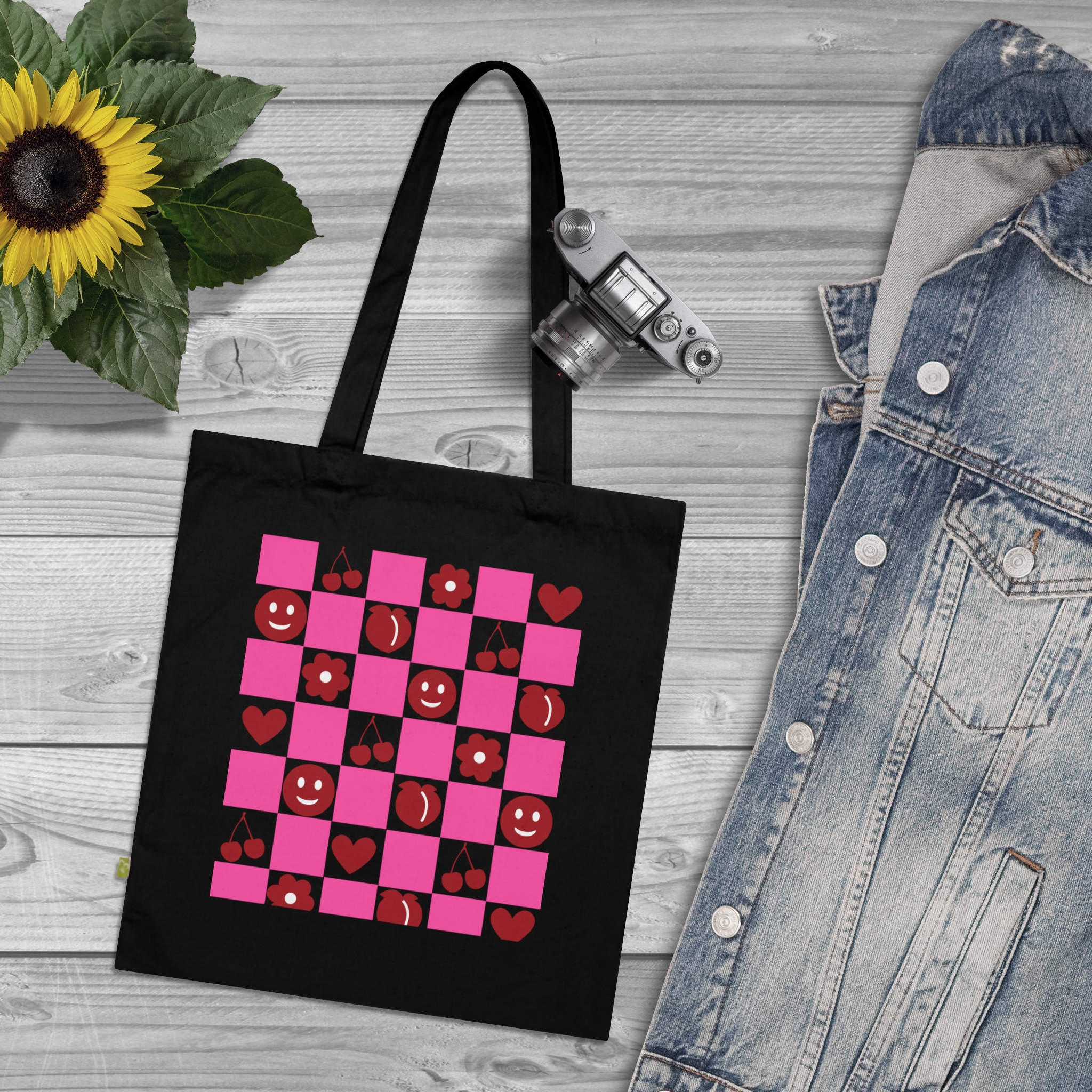 Black Checkered Canvas Tote Bag with Glitter Emojis