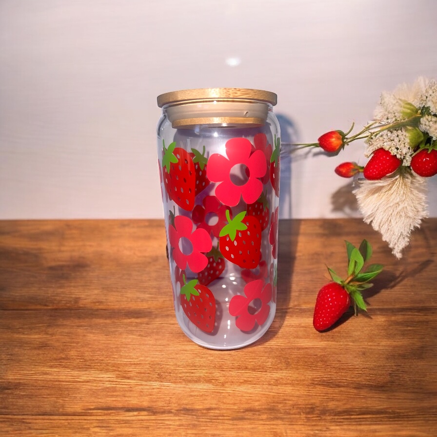 Strawberry Bloom Glass 16oz Tumbler