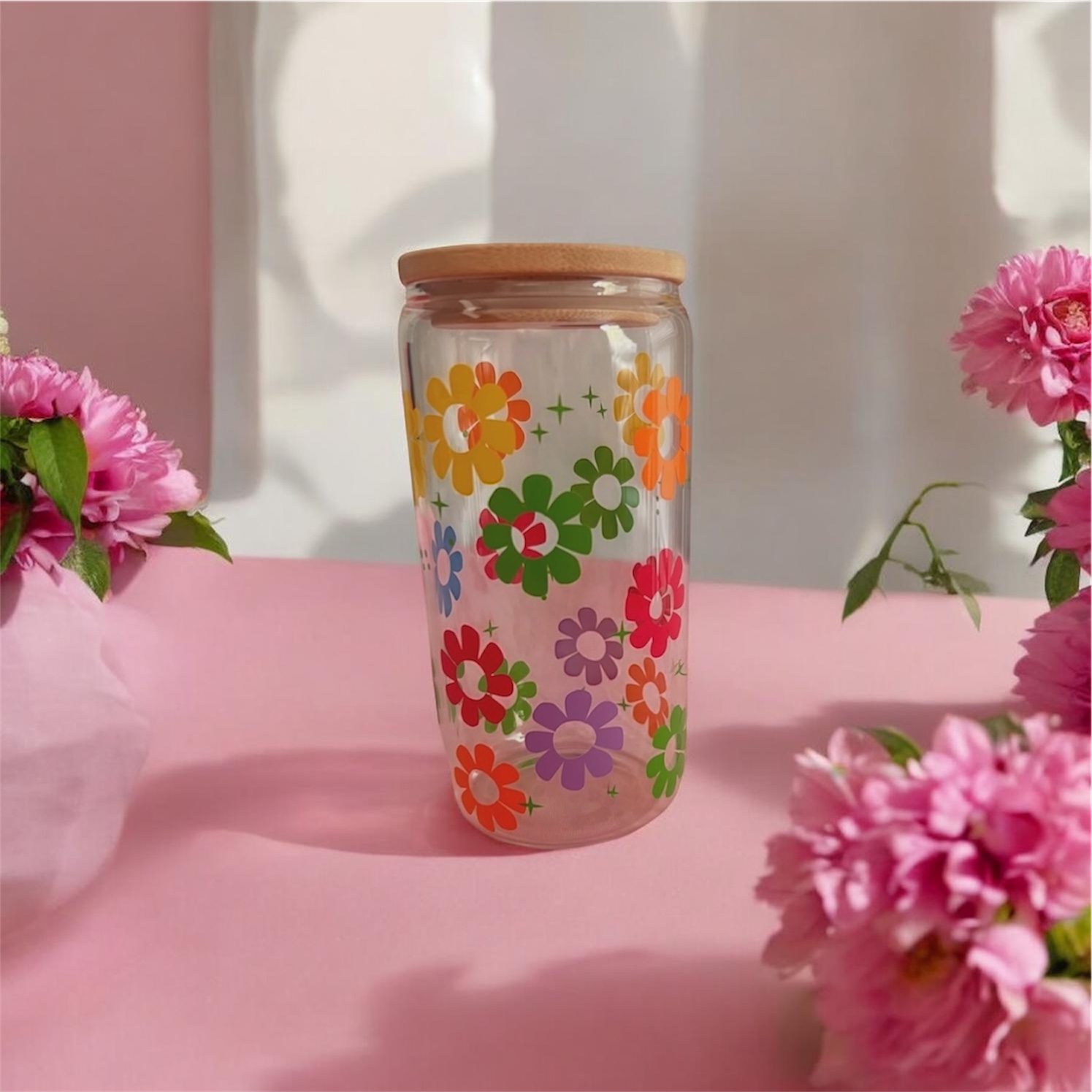 Retro Floral Glass 16oz Tumbler