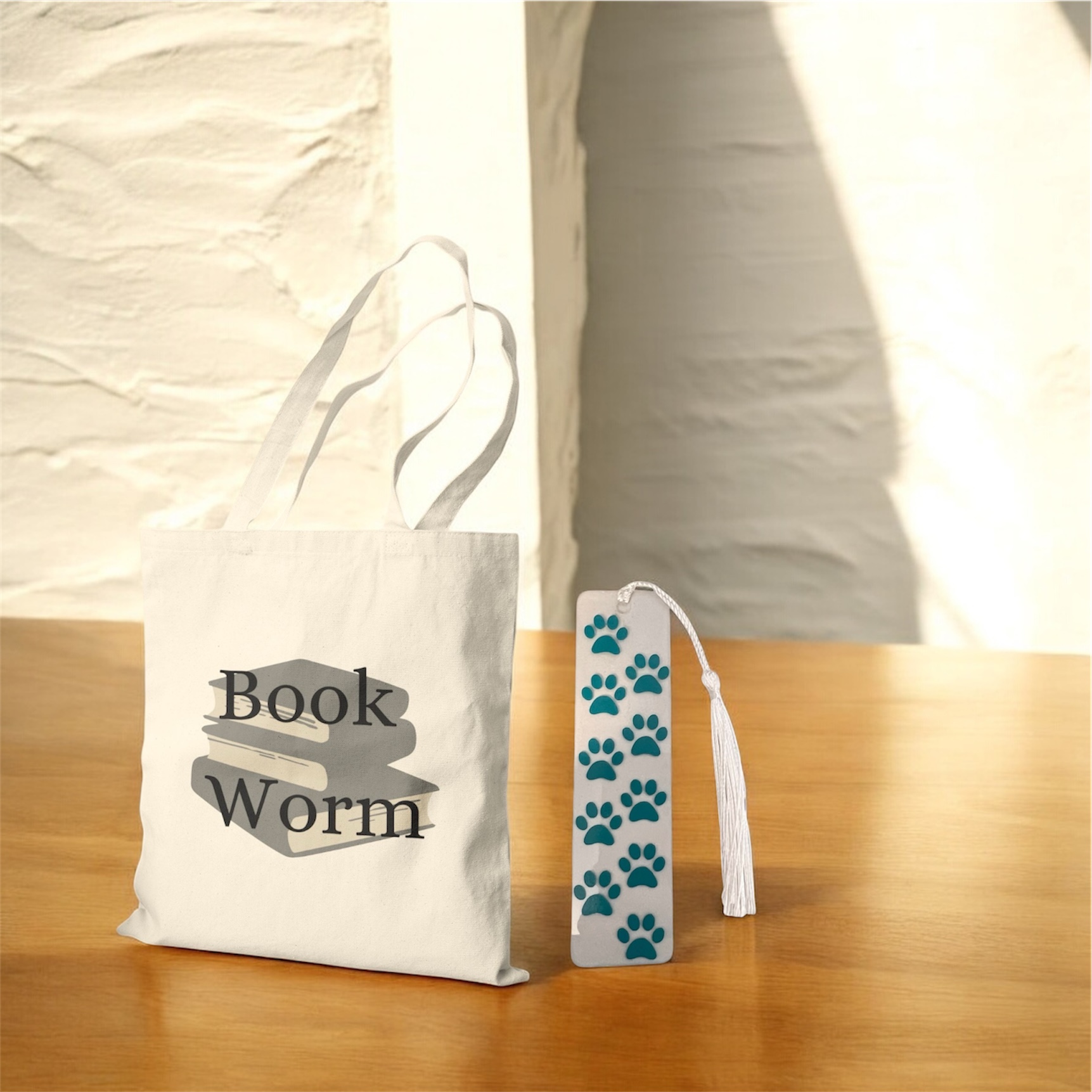 Book Worm Tote & Paw Print Bookmark Gift Set