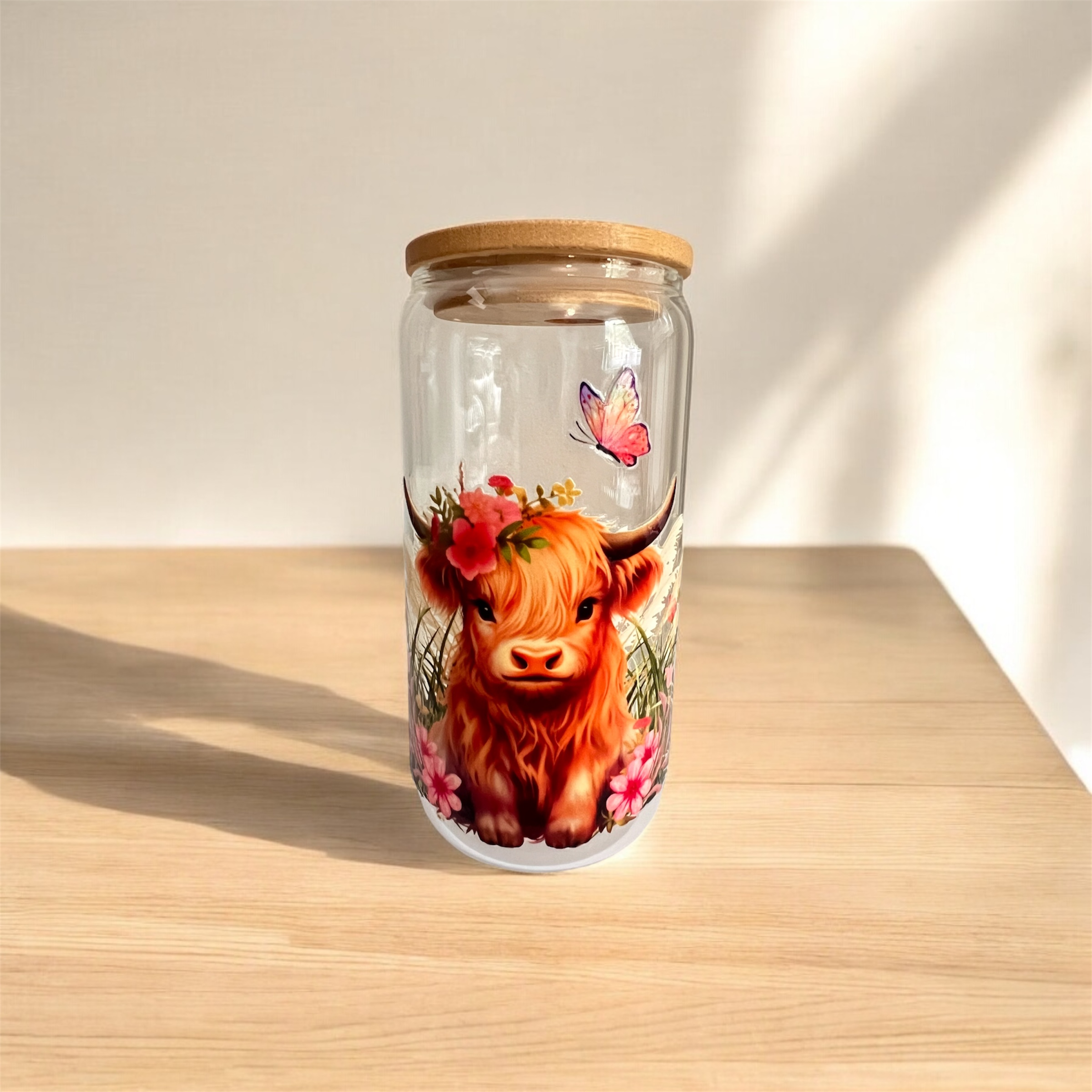 Highland Cow Floral 16oz Glass Tumbler