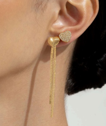 Brinco Coração com Corrente + Brinco com Zircônias 