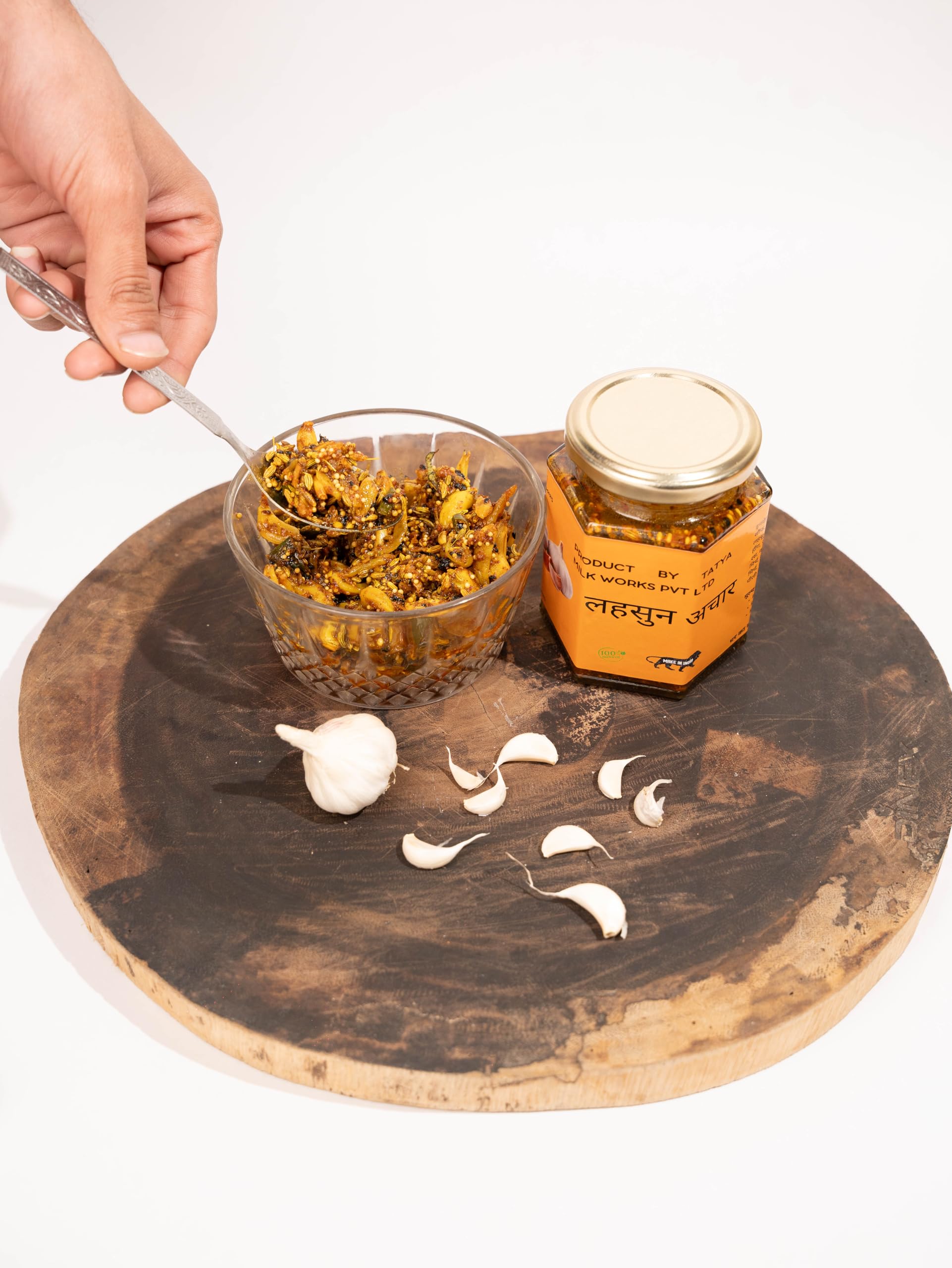 Tatya Village Farm Homemade Lehsun Achar | Premium Garlic Pickle | 100% Natural, Preservative-Free, No Chemicals/Additives | 12 Months Shelf Life (Garlic Pickle)