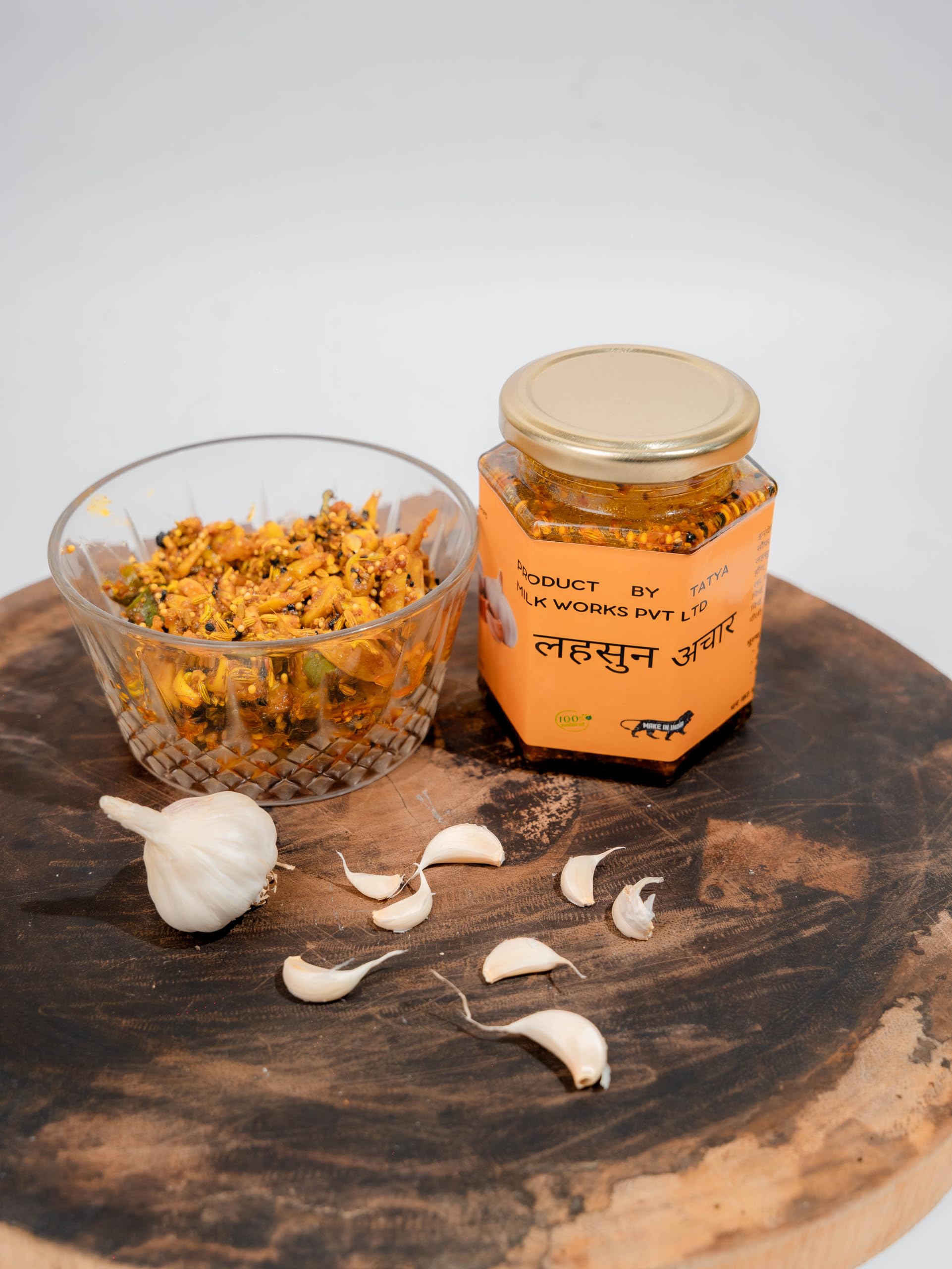 Tatya Village Farm Homemade Lehsun Achar | Premium Garlic Pickle | 100% Natural, Preservative-Free, No Chemicals/Additives | 12 Months Shelf Life (Garlic Pickle)