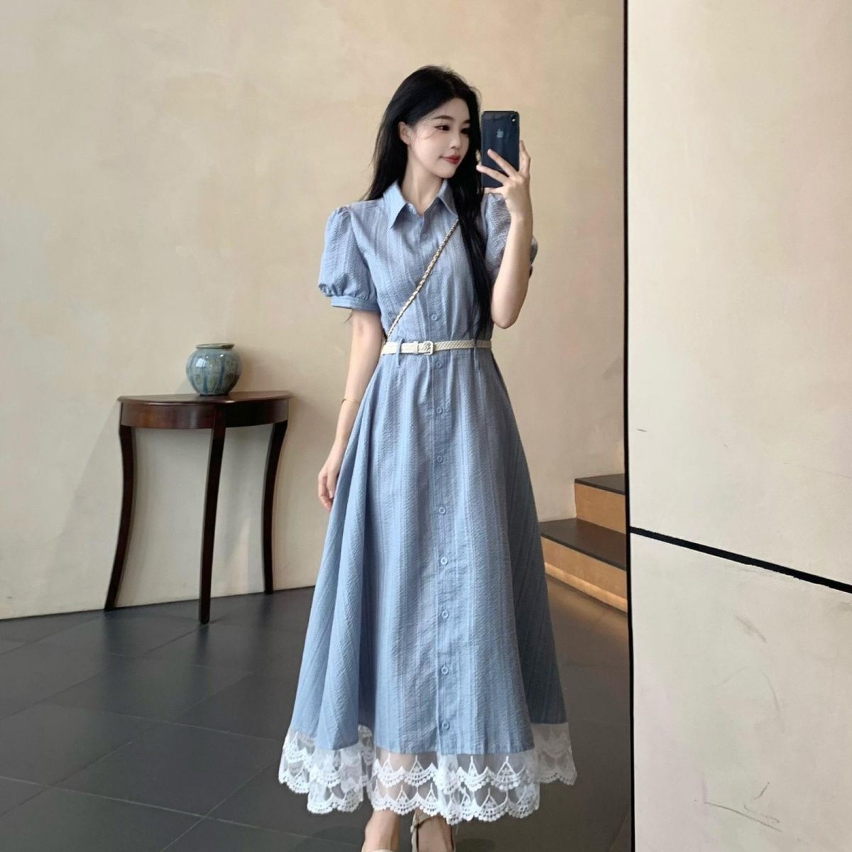 Blue Lace-Trim Maxi Dress