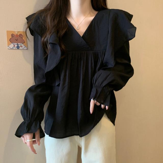 Ruffle Sleeve Black Blouse