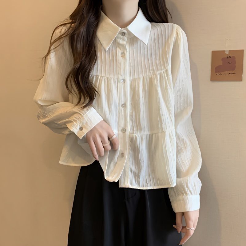 Pleated White Button-Up Blouse