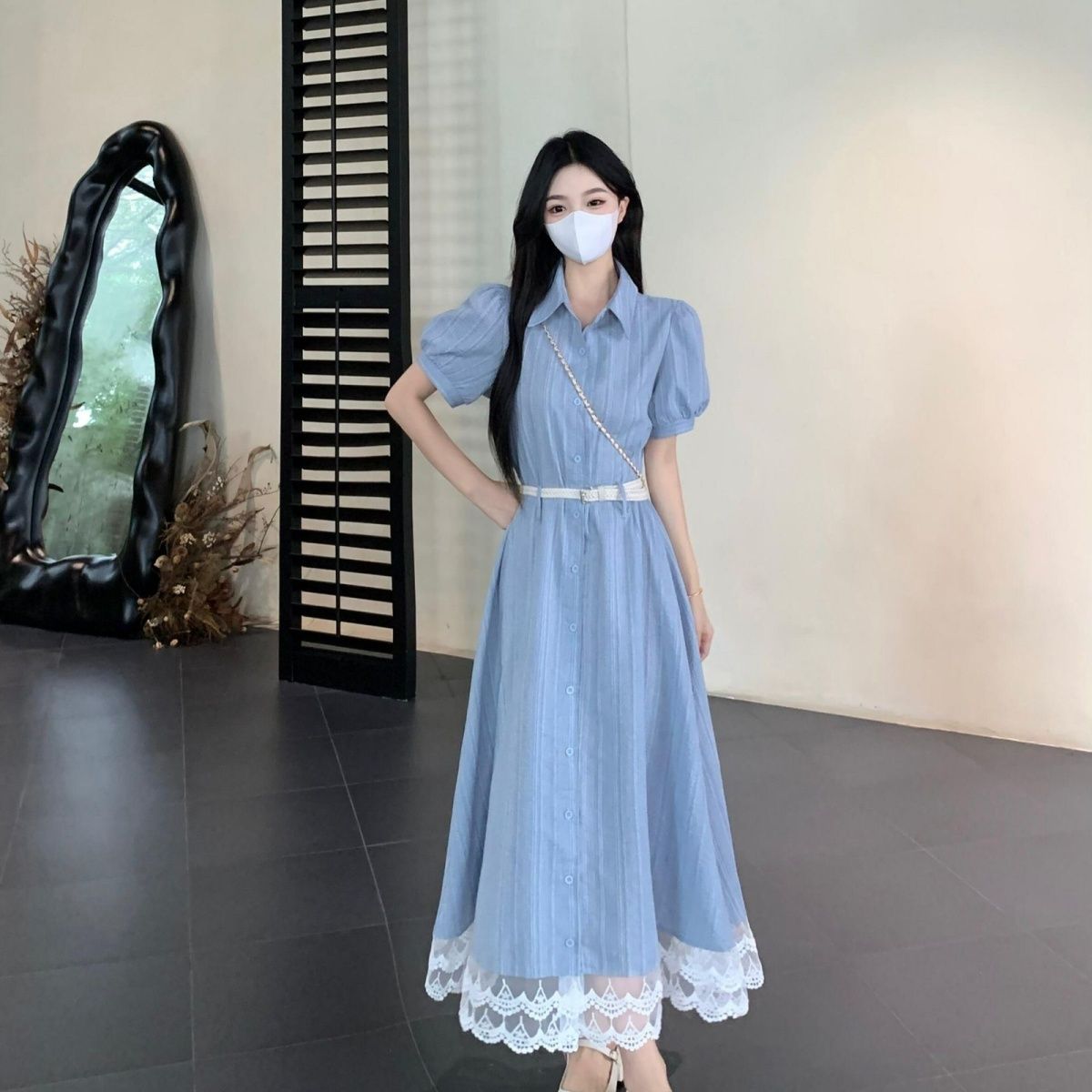 Blue Lace-Trim Maxi Dress