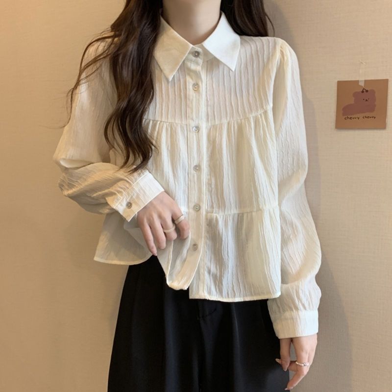 Pleated White Button-Up Blouse
