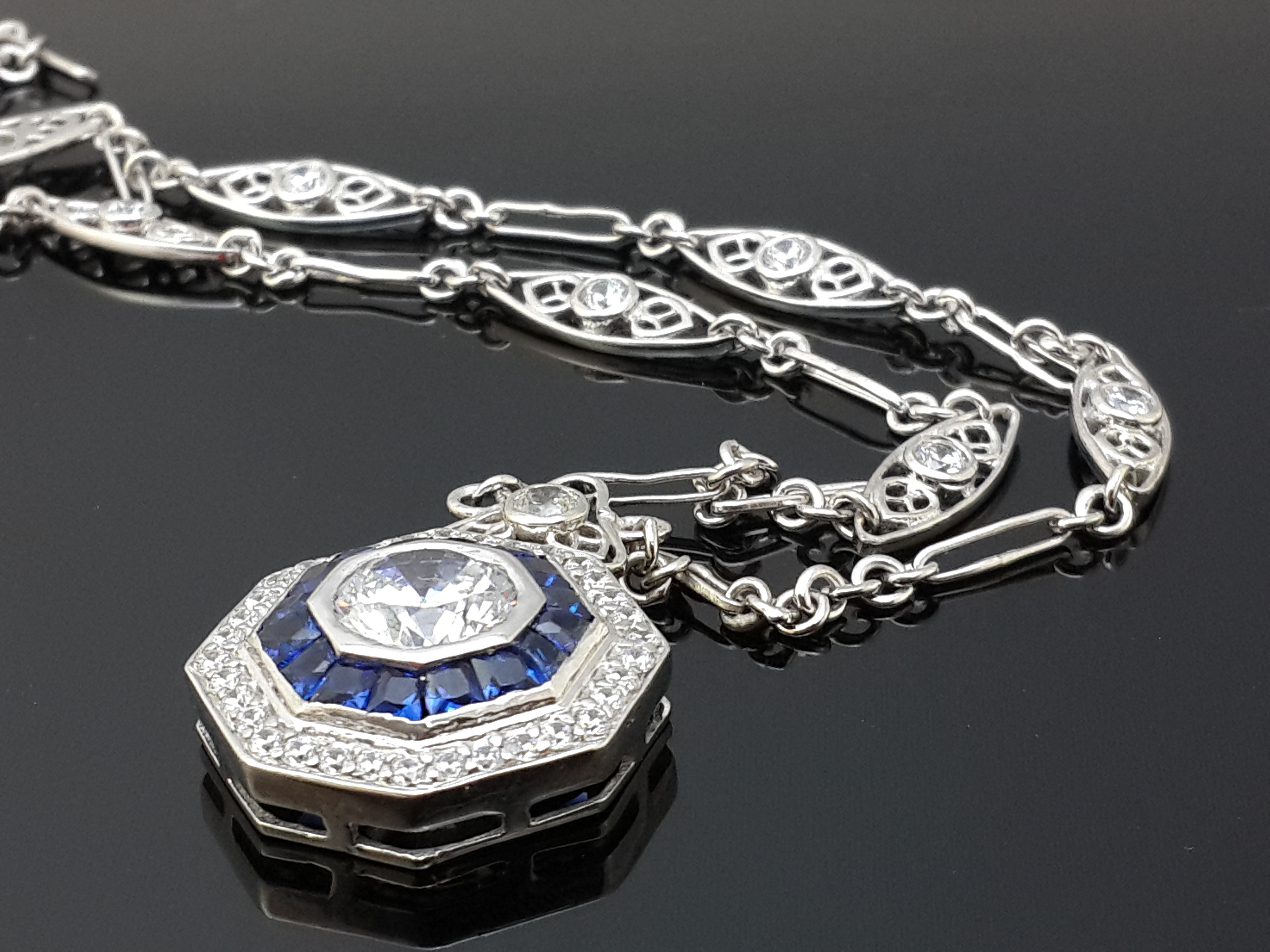 Art Deco Sapphire &  Signature Adastra CZ Pendant Necklace
