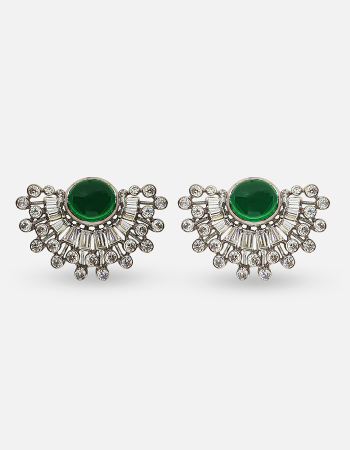 Green Stone & Crystal Stud Earrings
