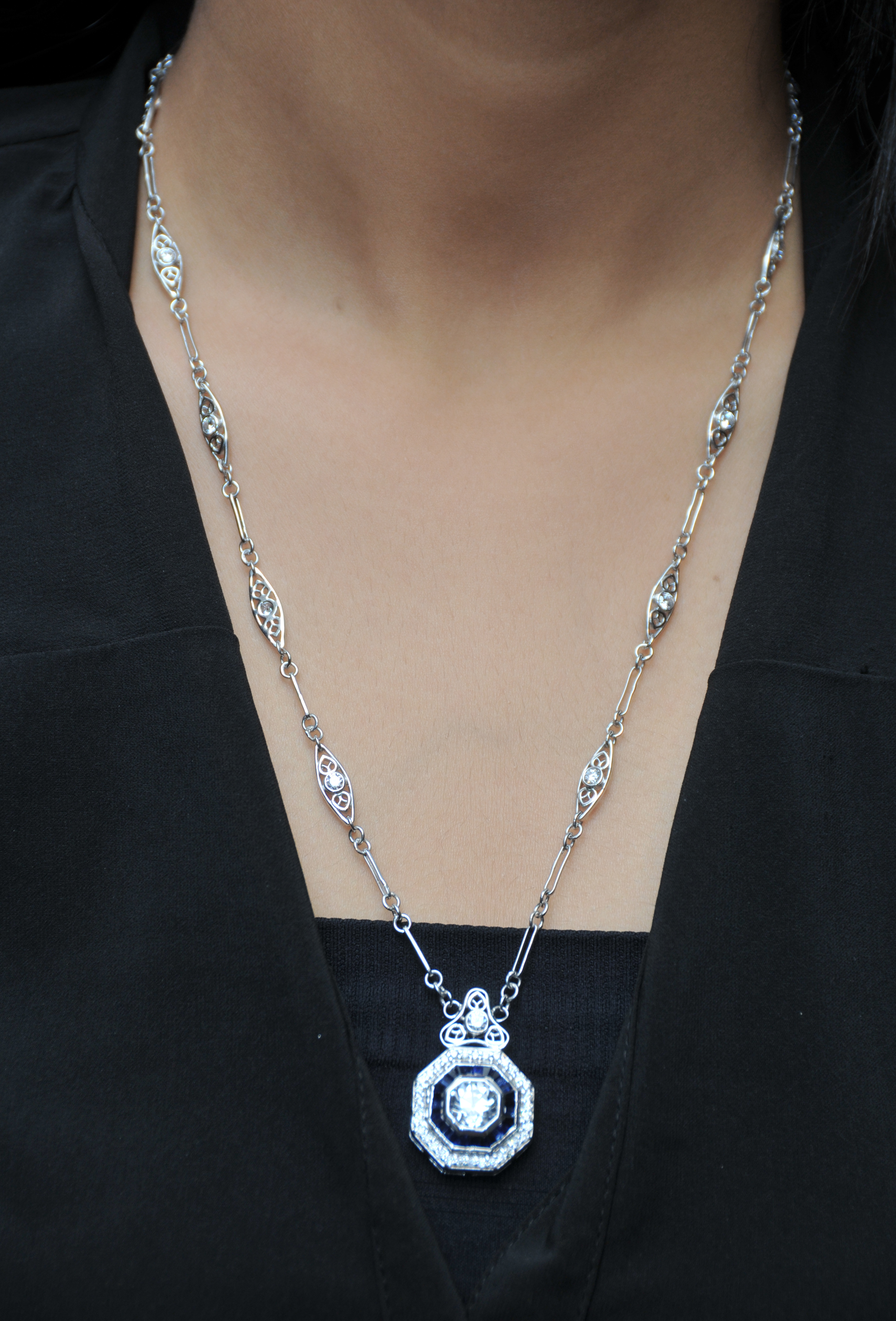 Art Deco Sapphire &  Signature Adastra CZ Pendant Necklace