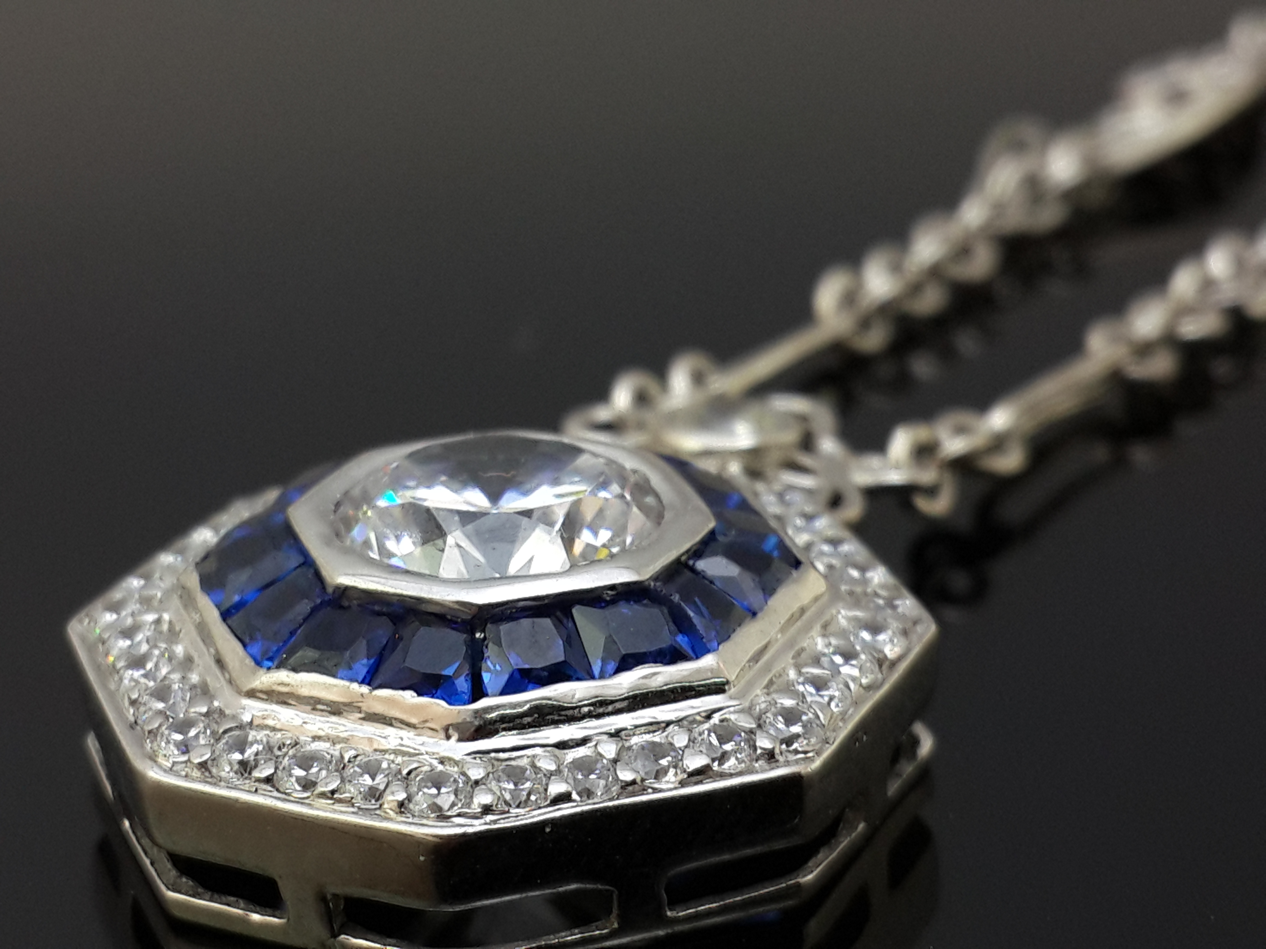 Art Deco Sapphire &  Signature Adastra CZ Pendant Necklace