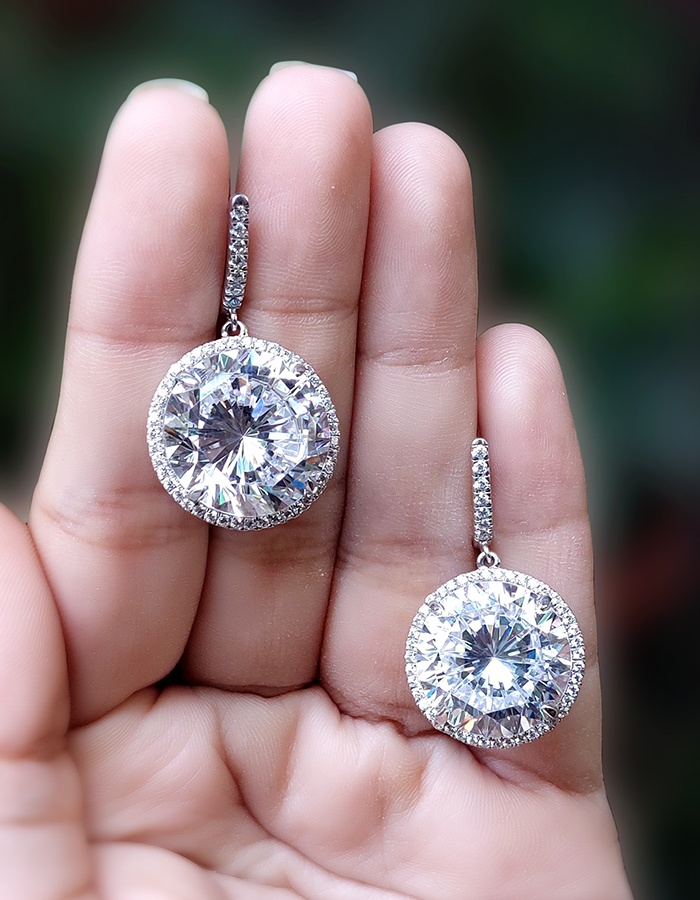Round Cut Halo Drop Earrings