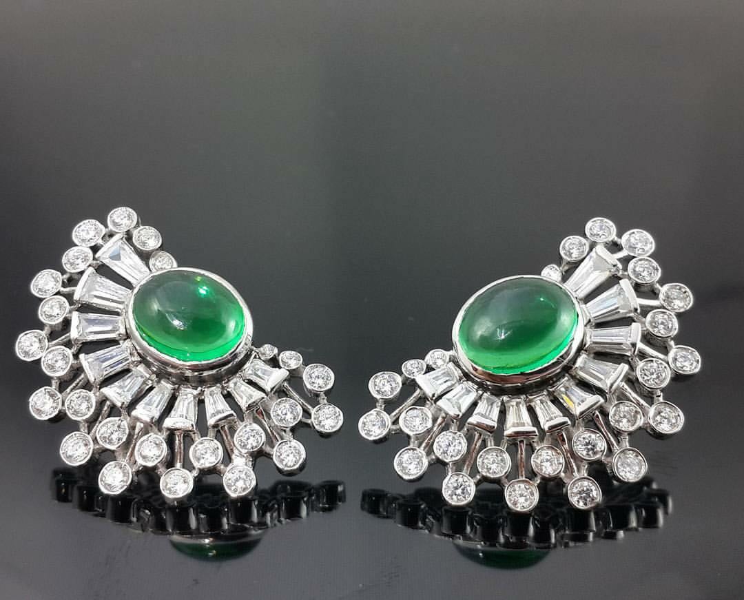 Green Stone & Crystal Stud Earrings