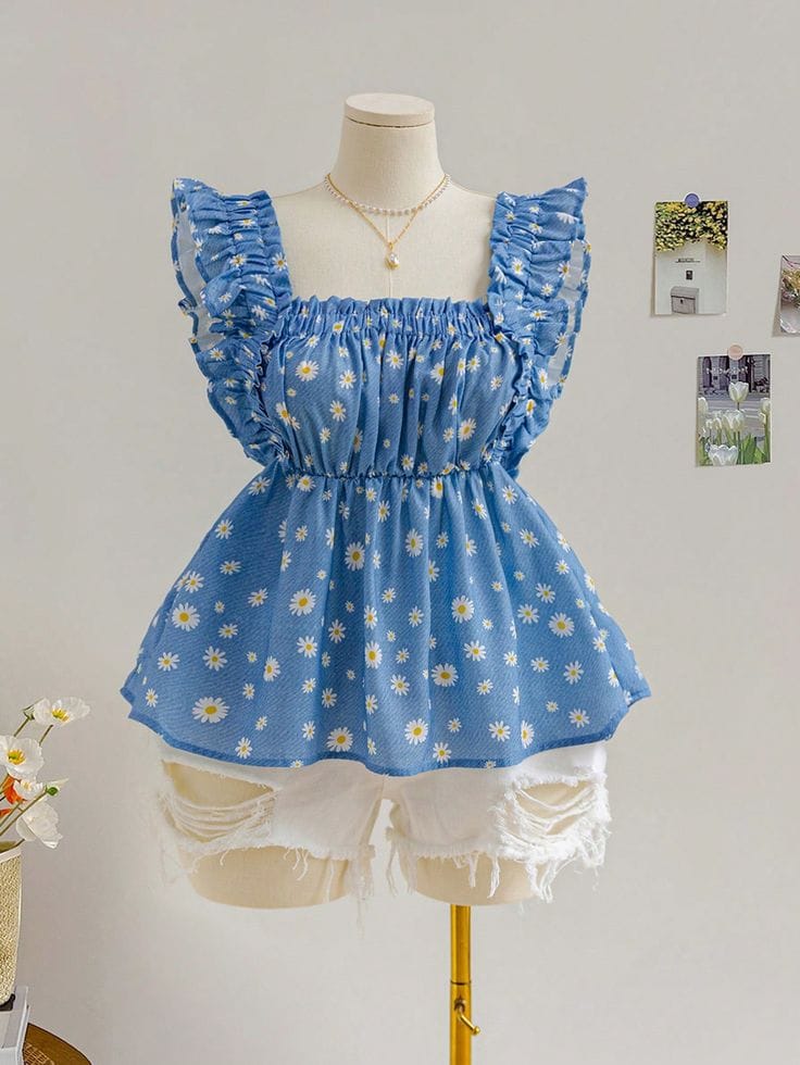 Blue Daisy Ruffle Top