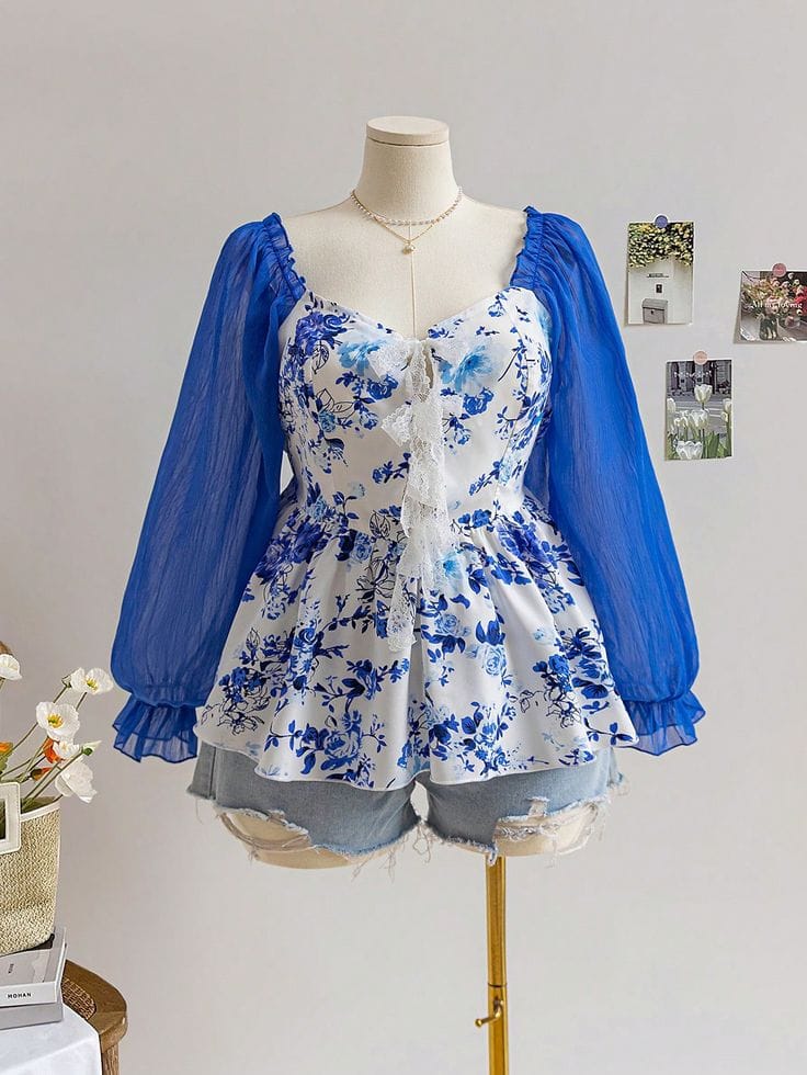 Blue Floral Peplum Top