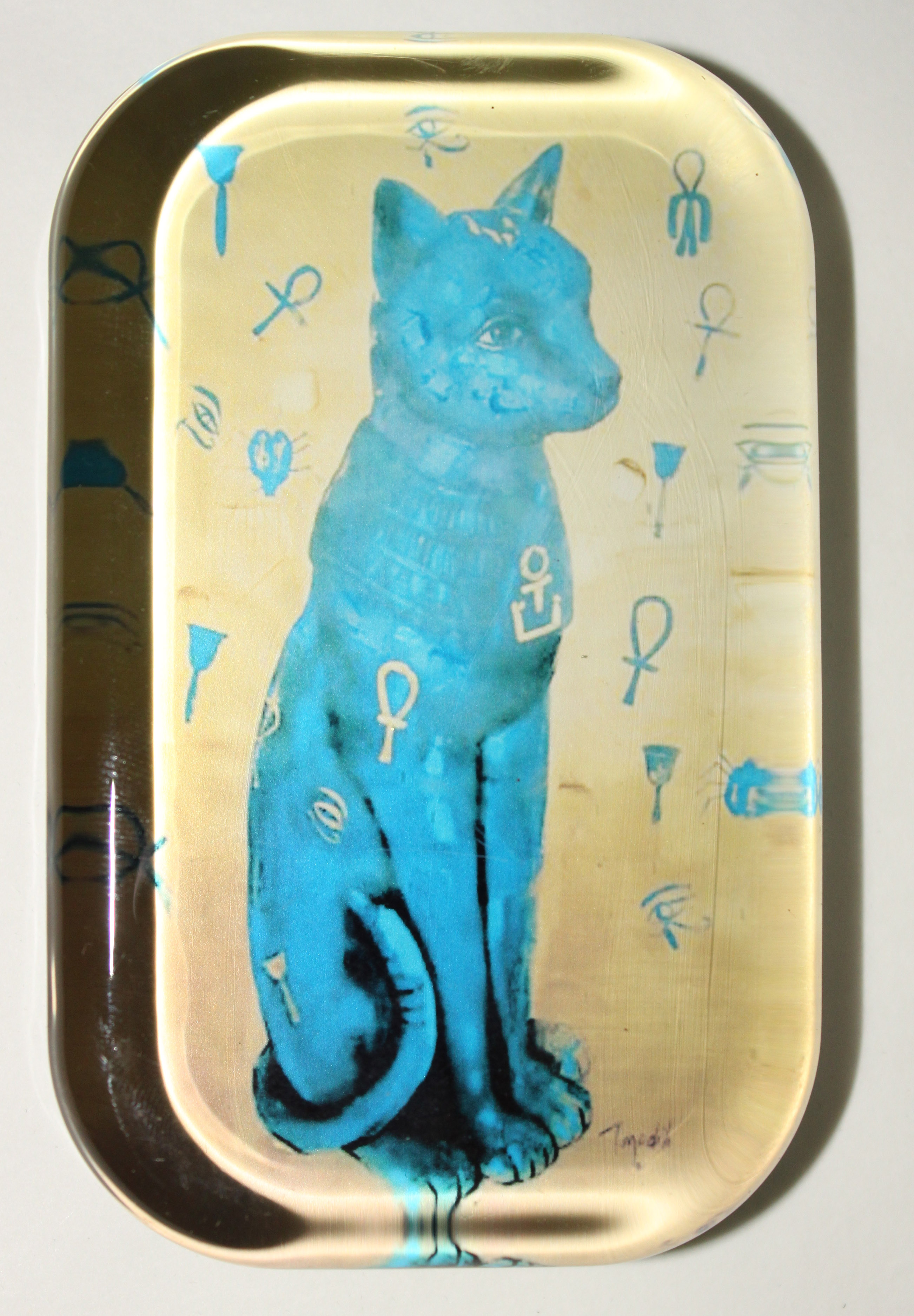 Sulfure chat bleu symboles égyptiens en verre 