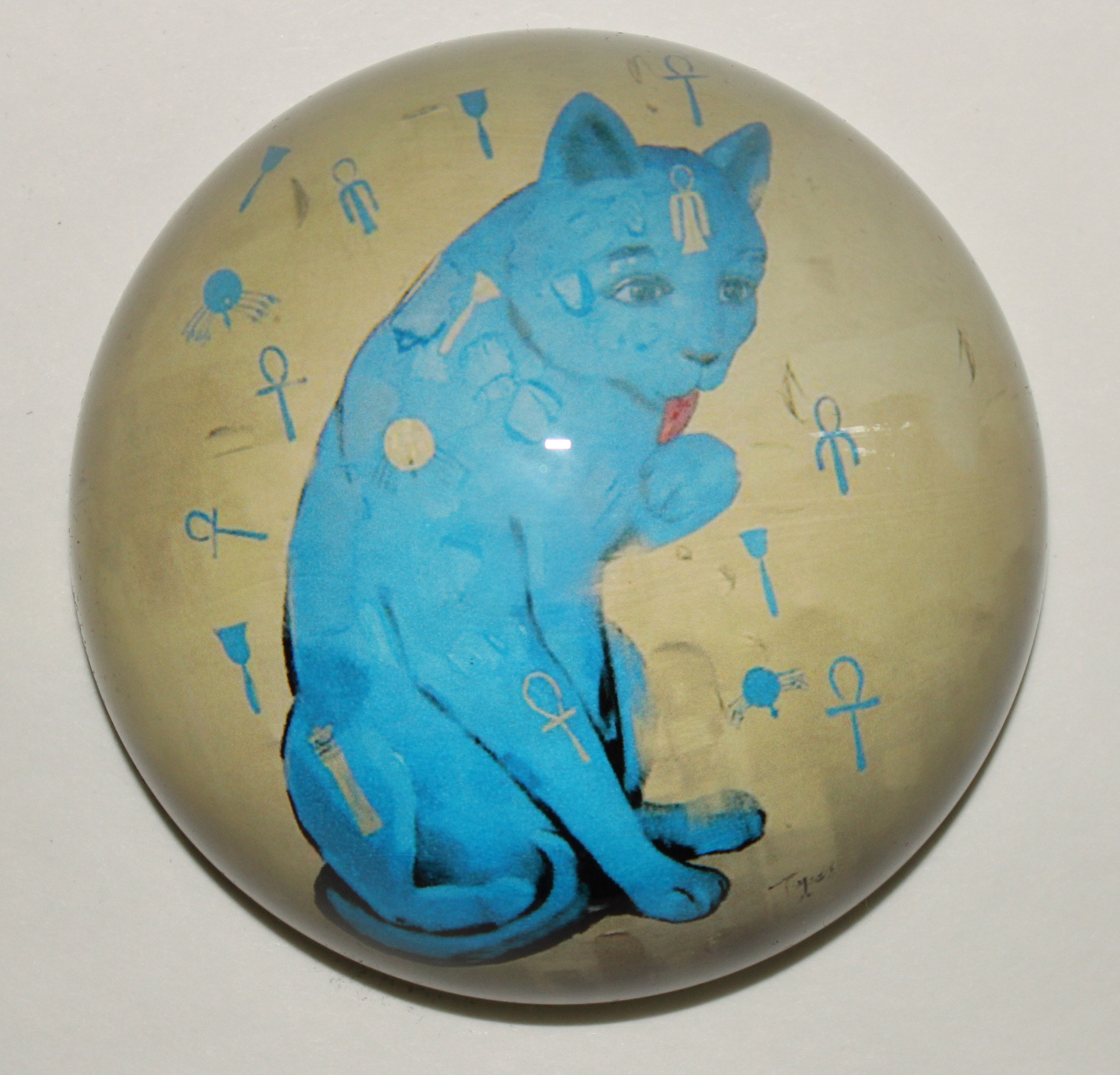 Sulfure chat turquoise symboles égyptiens en porcelaine et verre 