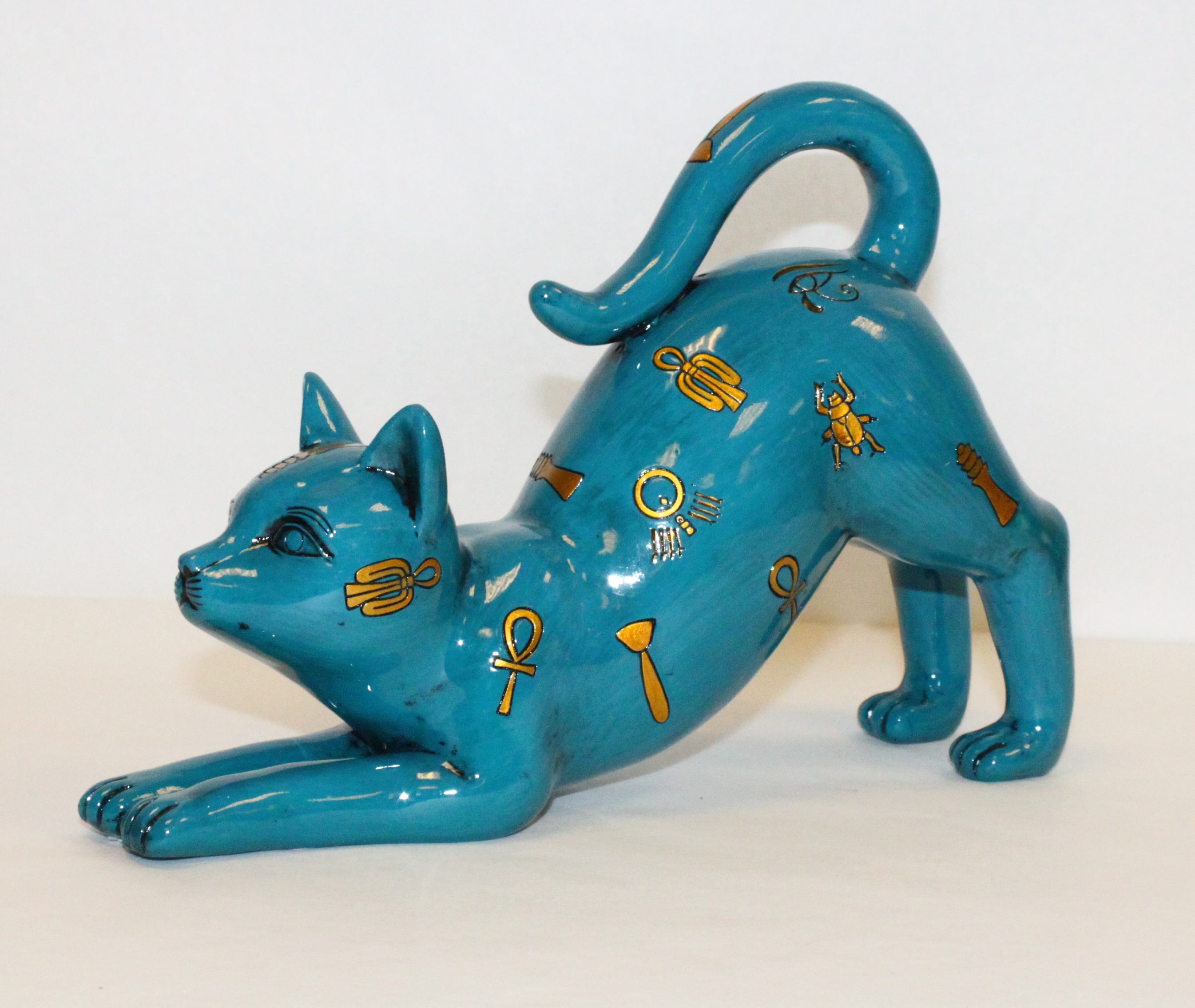 Statue Chat Égyptien turquoise "Je m'étire" 