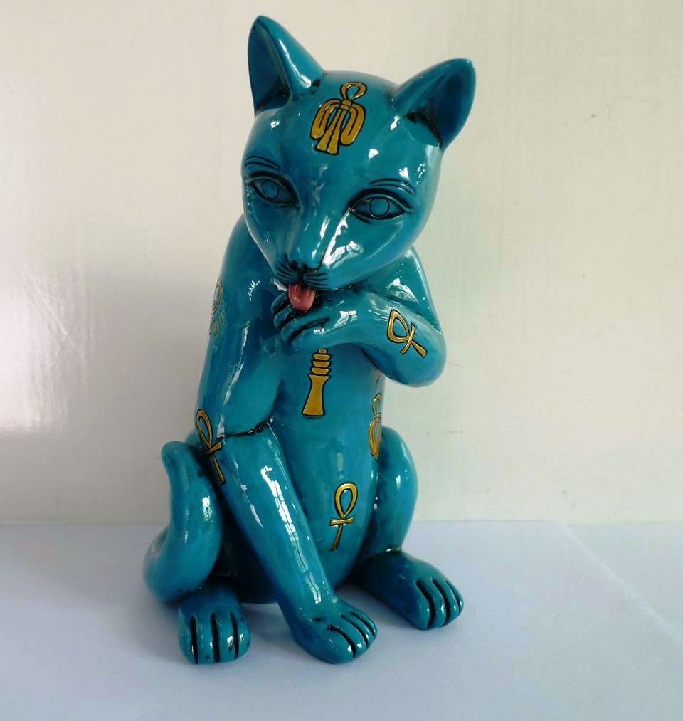 Statue Chat Égyptien turquoise "Je me léche" 
