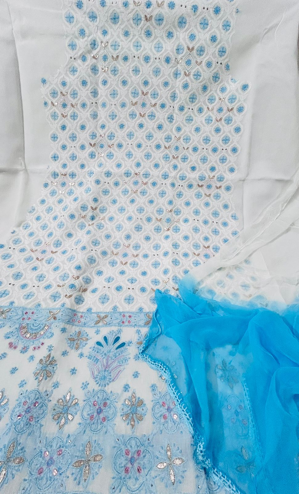 The Azure Soul: Pure Cotton Chikankari Kurta Set with Crochet Chiffon Dupatta