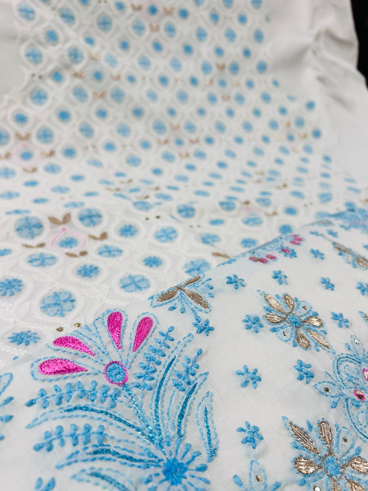 The Azure Soul: Pure Cotton Chikankari Kurta Set with Crochet Chiffon Dupatta