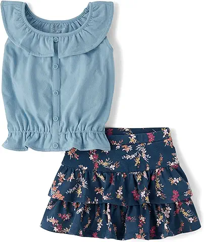 Girls' Blue Top & Floral Skirt Set