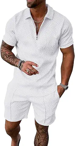 Men's White Patterned Polo Short Set