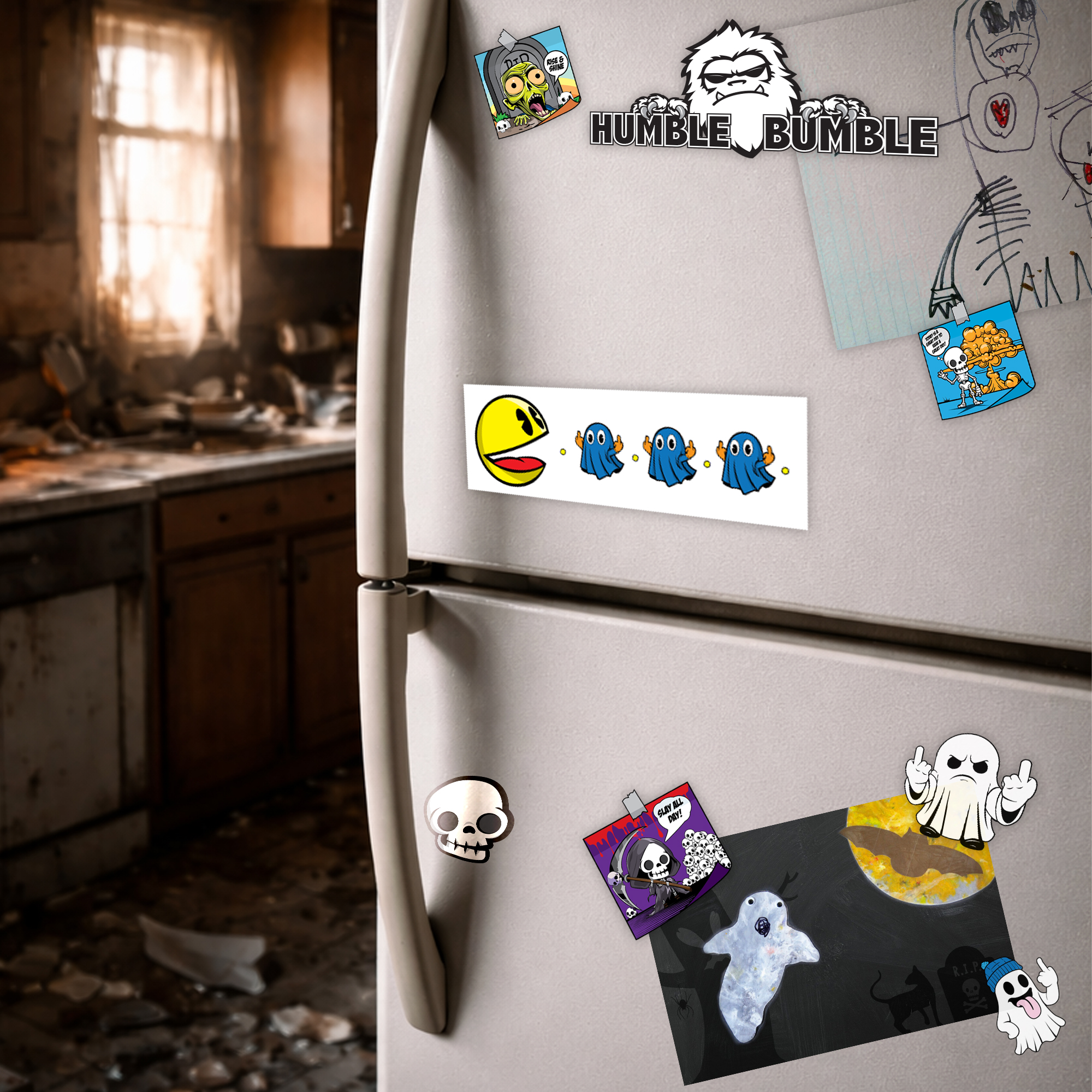 Pac Man Sarcastic Magnet With The Ghost Flipping Them Off