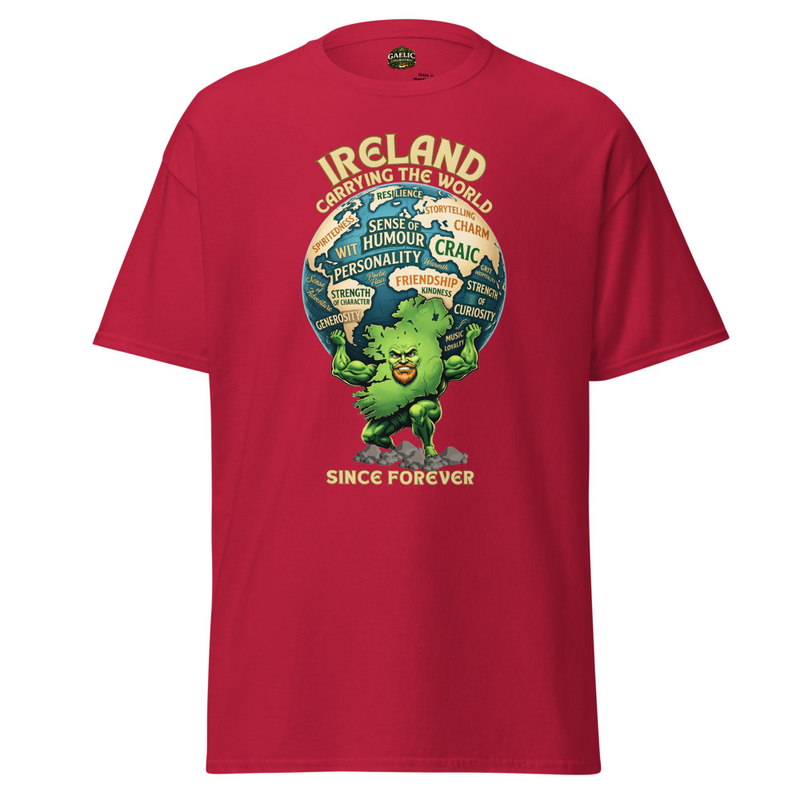 Ireland Carrying the World T-Shirt – Gaelic Generations Irish Satire Tee