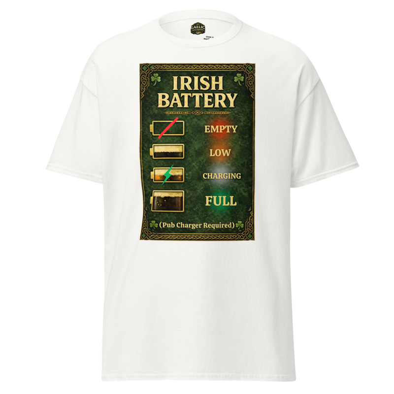 Irish Battery Meter Funny Irish Pub T-Shirt – Pub Charger Required