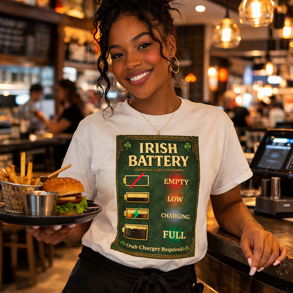 Irish Battery Meter Funny Irish Pub T-Shirt – Pub Charger Required