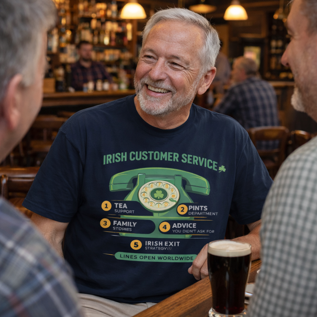 Irish Customer Service Hotline T-Shirt – Funny Irish Satire Tee