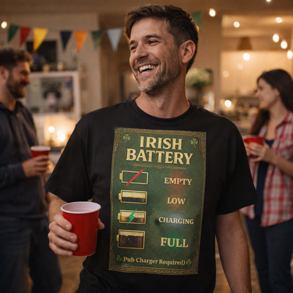 Irish Battery Meter Parody Irish Pub T-Shirt – Pub Charger Required