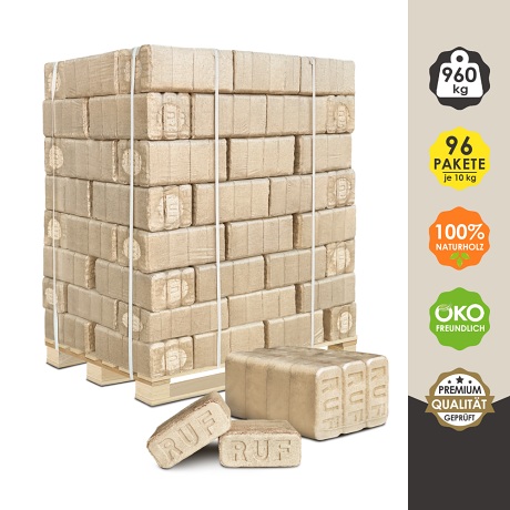 Ruf Original Blue 96×10 kg  Nadelholz Heizwert 4,6 kwh/kg Asche 1,0% 