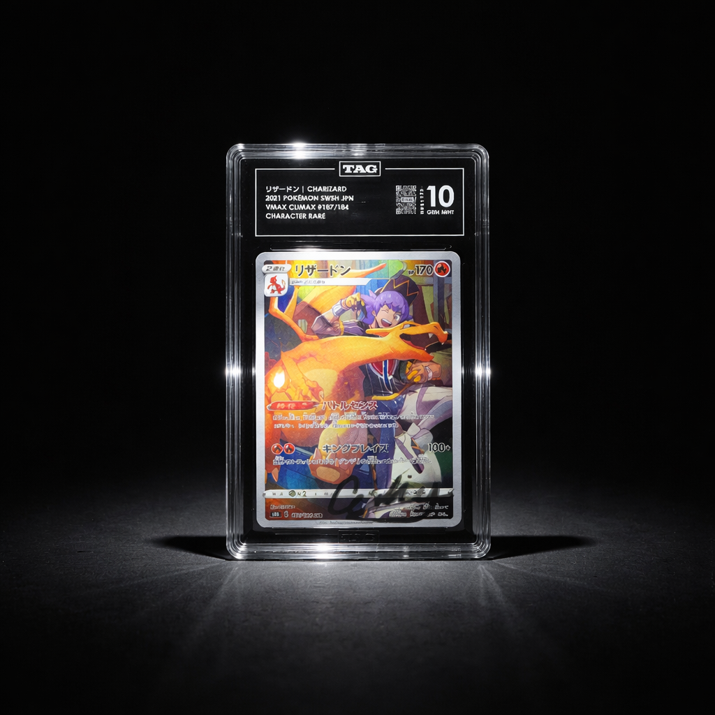 2021 TAG Japanese  pokemon VMAX Charizard grated 10 gem mint signed by the voice actor Cedric Williams.