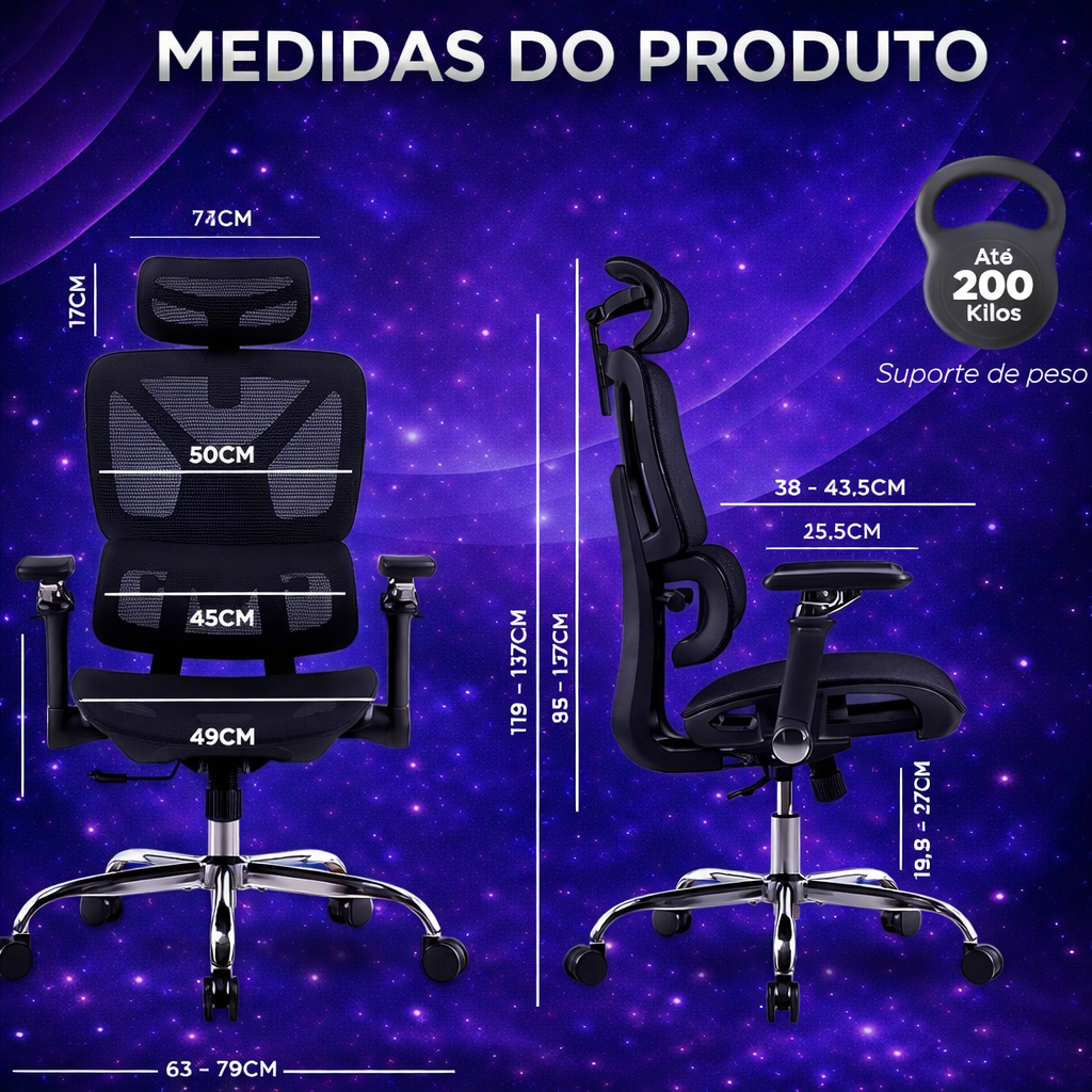 Cadeira Ergométrica Escritório Ajuste Lombar Mesh Malha Tecido Respirável Comfy Giratória Braços 6D 